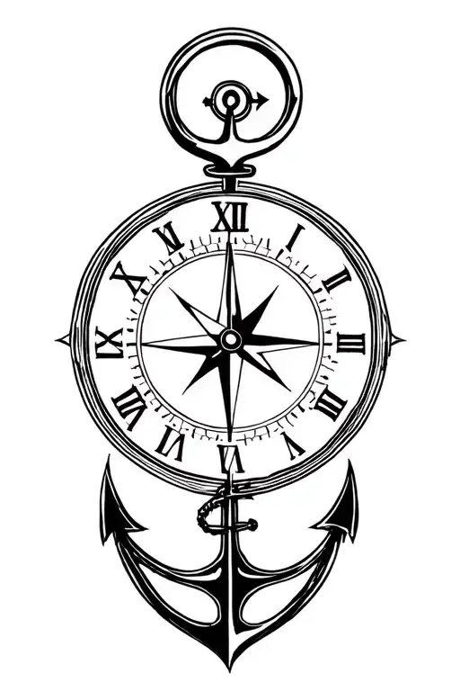half clock and half compass with an anchor intertwined tattoo design idea