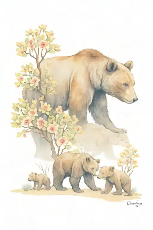 mama bear, 4 cubs, Joshua tree, Isaiah 46:4, flowers for September, December and may tattoo design idea