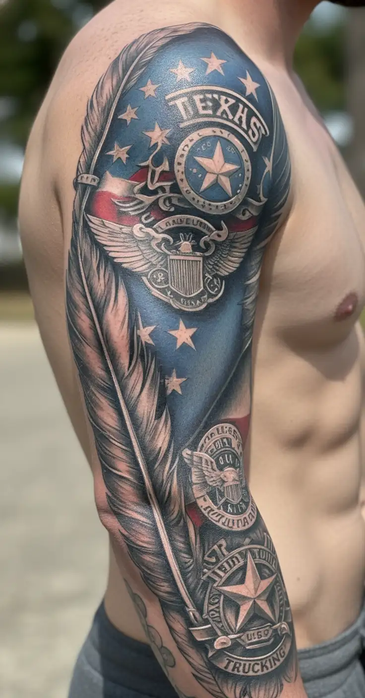 State of Texas flag and police badge and 10  feathers and 1 harley-davidson motorcycle tattoo design idea