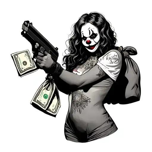  aesthetic half ski mask half clown girl holding a gun with cash bags behind her tattoo design idea
