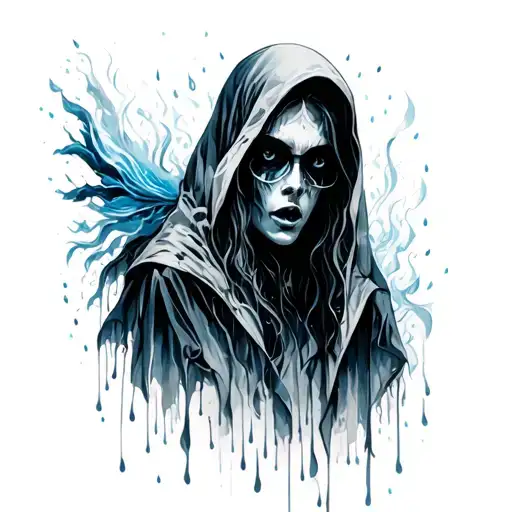 A monochromatic scheme with shades of gray and hints of blue or black for the ghost and rain elements, allowing for a mo tattoo design idea