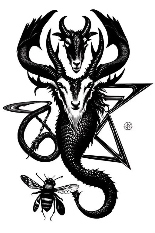 With these symbols: Baphomet goat, snake, planet Saturn, dragon, triangle, black crow, bee, mermaid. Design me a dark an tattoo design idea