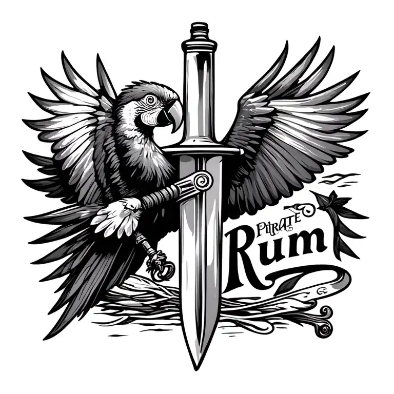 "Pirate sword rum bottle " macaw flying towards tattoo design idea