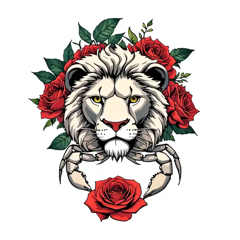 Leo lion cancer crab surrounded by roses tattoo design idea