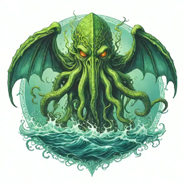 cthulhu rising from the ocean, head on fire tattoo design idea