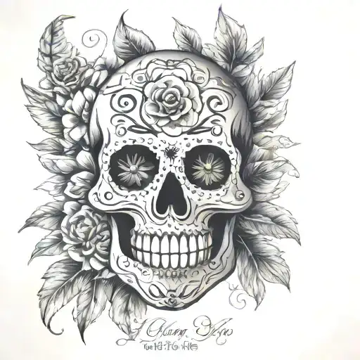 Memorial sugar skull tattoo in black and gray with live oaks from toomer’s corner, elements of mechanical engineering, S tattoo design idea