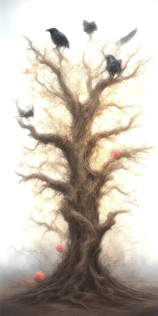 crooked scary looking tree wich gnarled and snapped branches. ravens perched amongst the branches roses weaving amongst tattoo design idea