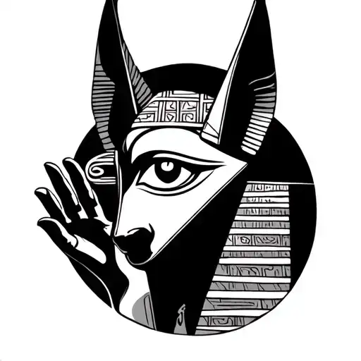 pyramid surrounded Anubis holding eye of horus eye tattoo design idea