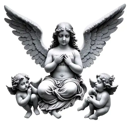 a beautiful angel with 3 cherubs around her , with the cherubs in the style of see no evil, speak no evil, hear no evil. tattoo design idea
