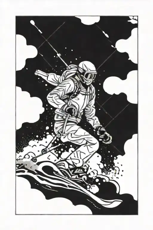 A skier carving through fresh powder with Mont Blanc in the background tattoo design idea