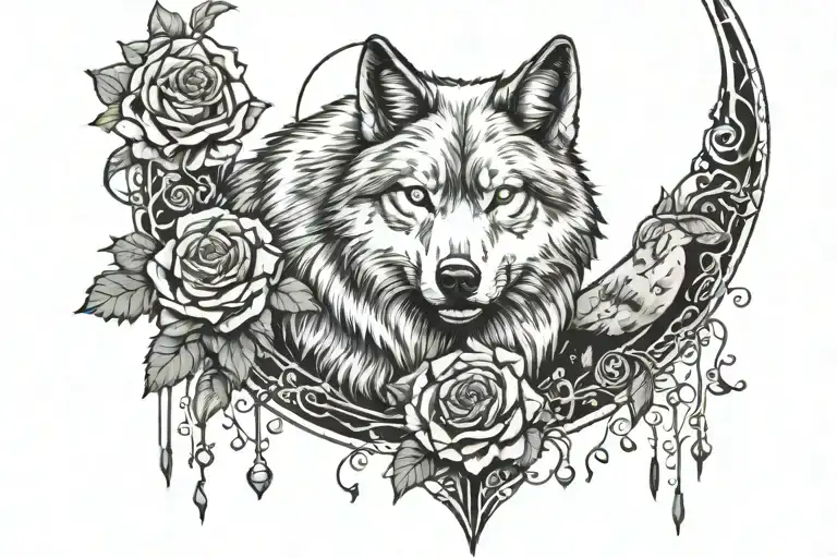Roses and a wolf howling at the moon tattoo design idea