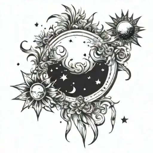 moon, sun and stars scattered tattoo design idea