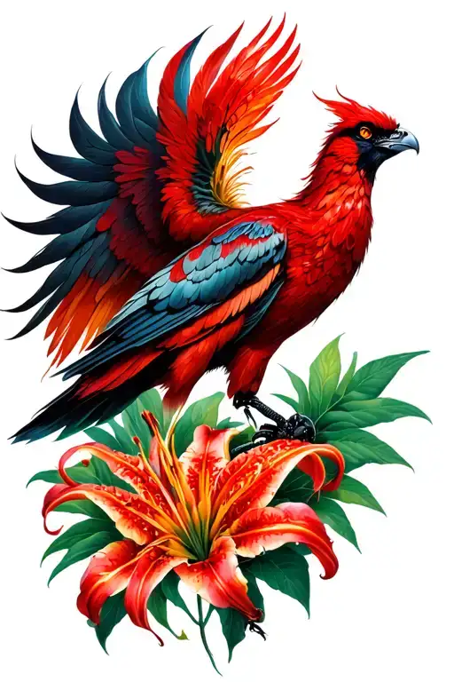 phoenix and red spider lillies tattoo design idea