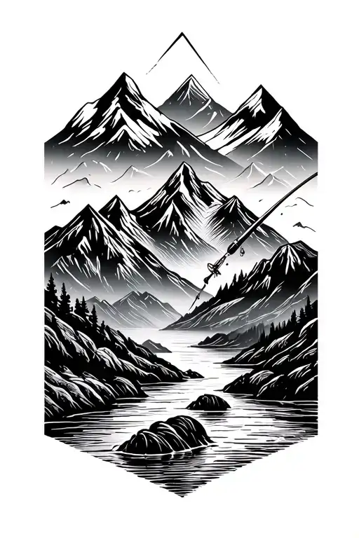 mountains, stream, fly fishing rod tattoo design idea