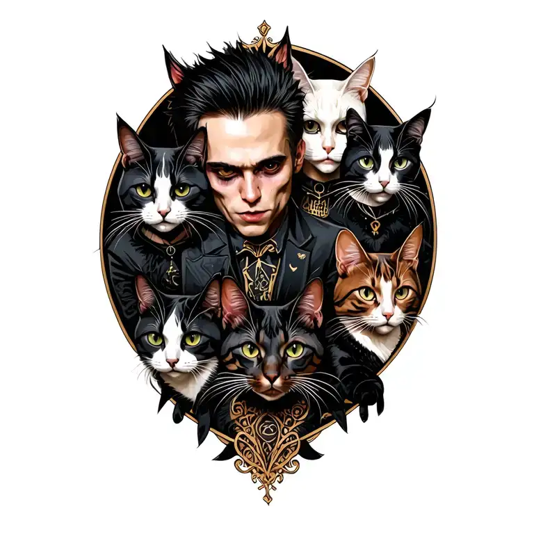 happy punk rock young man with gang of cats tattoo design idea