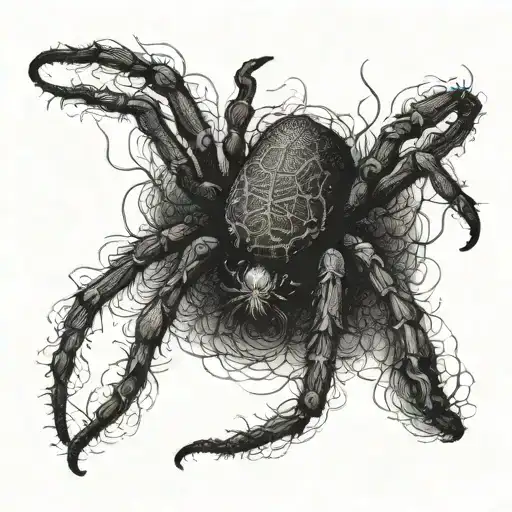 An eerie gothic spider crawling through a dark forest filled with cybersigilism markings tattoo design idea