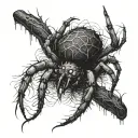 An eerie gothic spider crawling through a dark forest filled with cybersigilism markings tattoo design idea