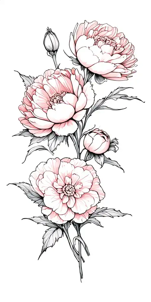large scale peonies, begonias and iris flowers  tattoo design idea