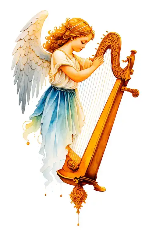 irish harp with angel tattoo design idea