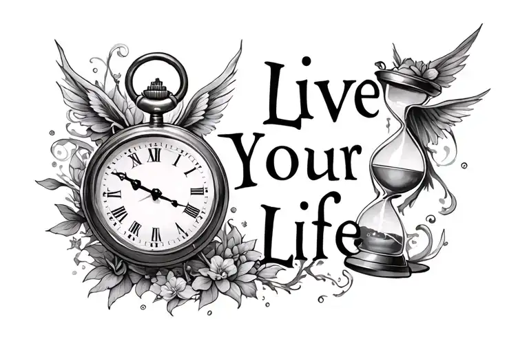 "Live Your Life" "Live Your Life" hourglass and pocket watch background creatures tattoo design idea