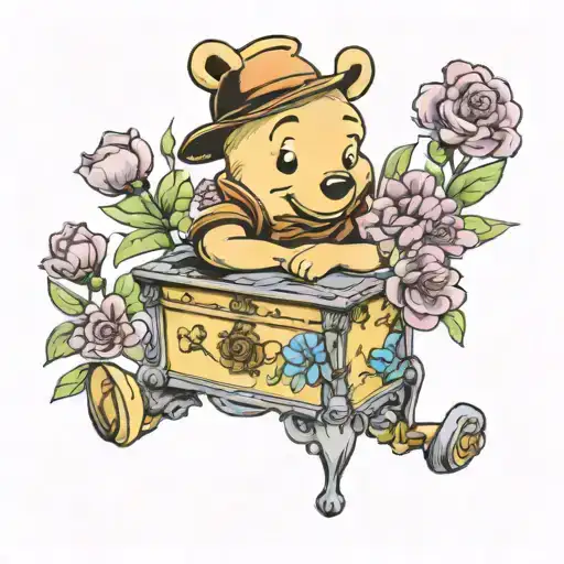 winni Pooh music box with flowes tattoo design idea