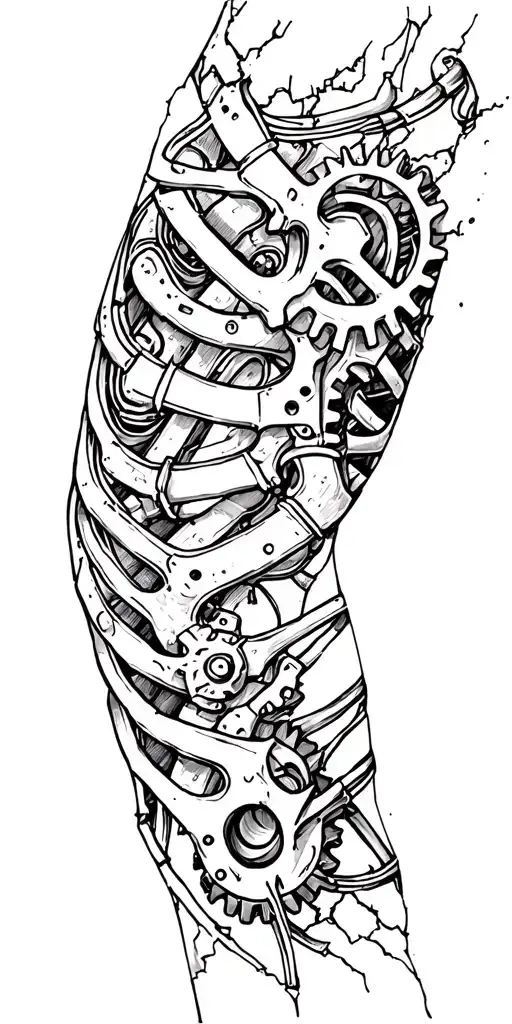 metal parts, gears, pipes, wires, torn skin effect,  realism, black and gray color scheme. Metal arm Bone tattoo design idea