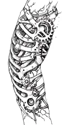 metal parts, gears, pipes, wires, torn skin effect,  realism, black and gray color scheme. Metal arm Bone tattoo design idea