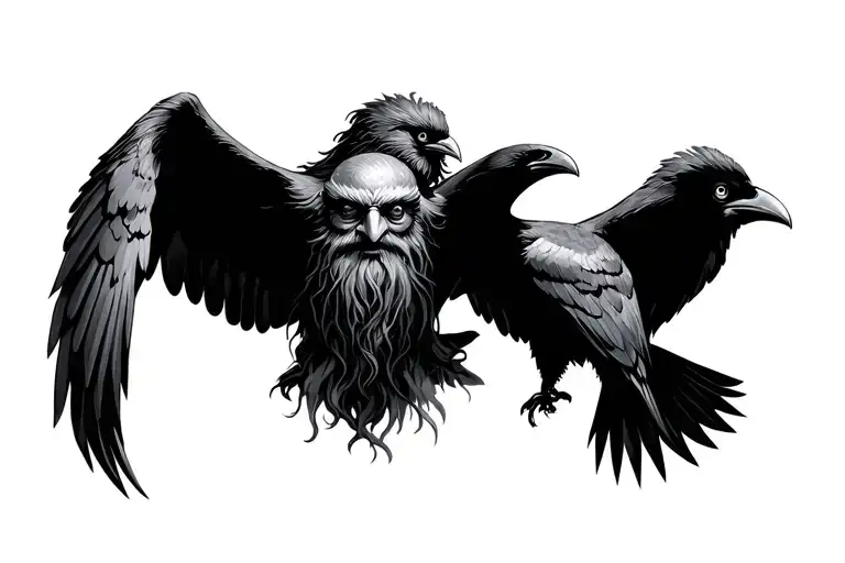 Hugin and munin, the two ravens, flying over Odin. Odin i the old god with one eye, long beard and hair tattoo design idea