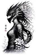 wisteria flowers cascading down side profile female ninja warrior and dragon tattoo design idea