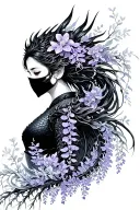 wisteria flowers cascading down side profile female ninja warrior and dragon tattoo design idea
