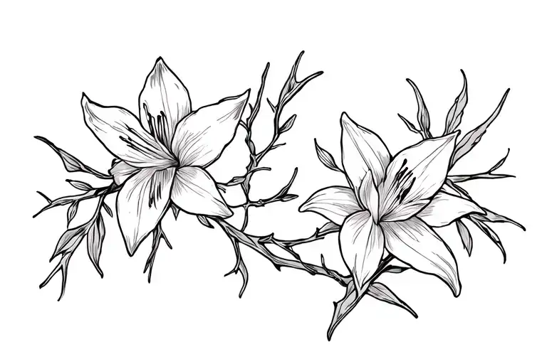 angelic feminine thin line vines and thorns and leaves with a couple peruvian lily flowers tattoo design idea