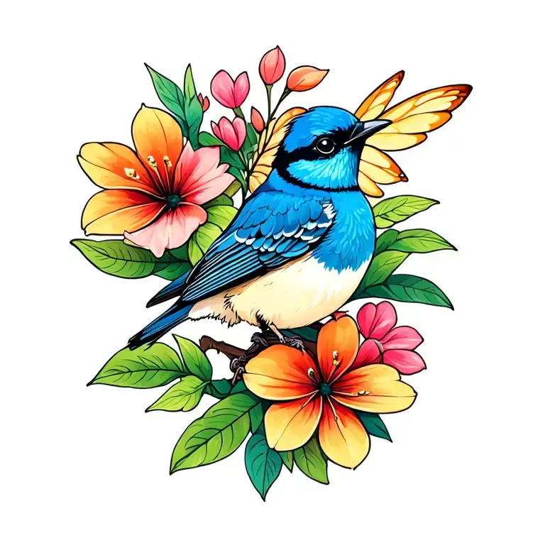 splendid fairy wren bird with Australian flora tattoo design idea