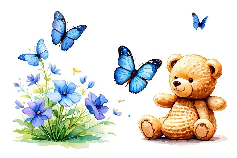 a small cartoon peanut shell next to a teddy bear surrounded by sweet pea flowers and blue butterflies tattoo design idea