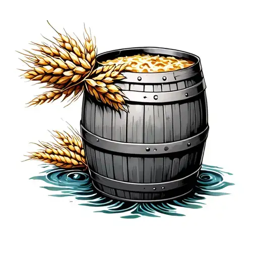 beer barrel, barley, water tattoo design idea