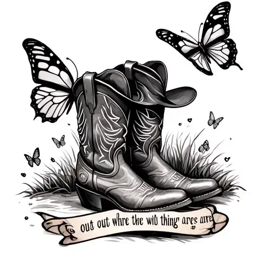 Cowboy boots and hat, with wording saying "out where the wild things are" surrounded by butterflies tattoo design idea