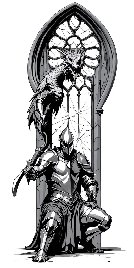 Gargoyle Gothic cathedral towerArched stain broken glass window light shining on knight Kneeling knight  tattoo design idea