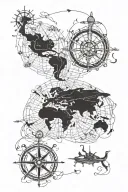 nautical antique maps intertwined with elements of water  tattoo design idea