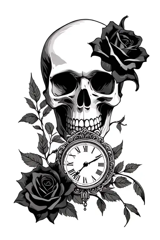 skull with black rose and clock memento mori memento vivere tattoo design idea