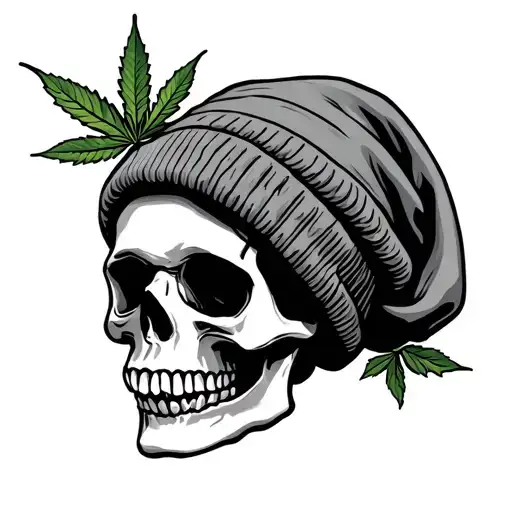 Skull with beanie and pot leaf tattoo design idea