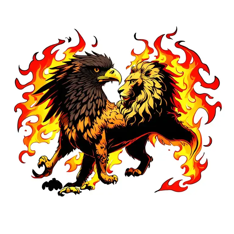 I want to tattoo a gryphon hybrid of eagle(head) and the lion(body) on my chest covered in flames  tattoo design idea