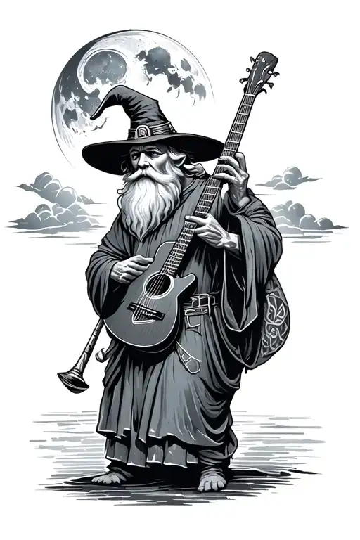 an old wise man, resembling a wizard but no rod, instead a hat and beard, a guitar on his back, and a moon in the sky tattoo design idea