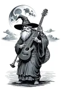 an old wise man, resembling a wizard but no rod, instead a hat and beard, a guitar on his back, and a moon in the sky tattoo design idea