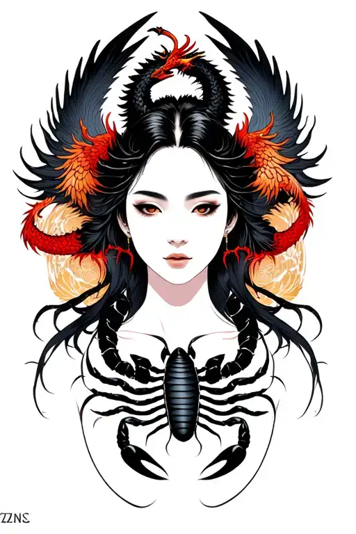 silouette of a woman’s face serene and powerful with pheonix and dragon. A scorpion on her breast revealing it tattoo design idea