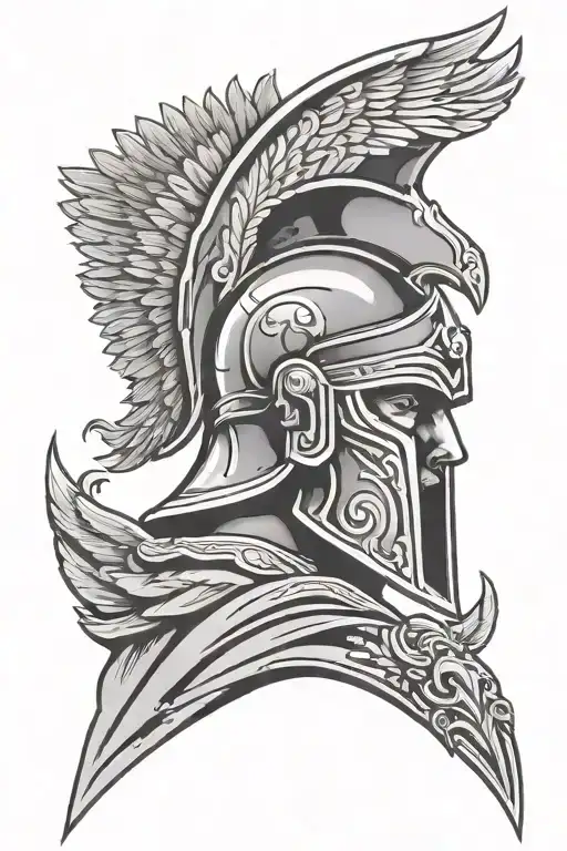 head of a Spartan in a helmet, a shield with an angel's wing on it is visible tattoo design idea