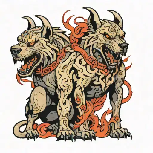 Cerberus in front hells gates tattoo design idea