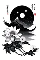 Dandelion,Lotus flower, Tiny mountain + wave line, Crescent moon with stars with my Chinese 莊丽絲 tattoo design idea