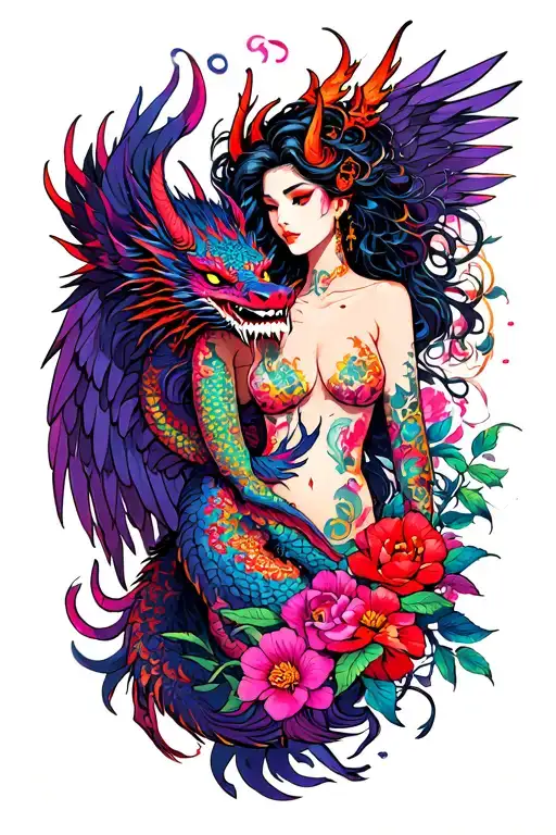 sexy demon and angel with dragon intertwined mostly blacks purples reds neon with flowers full coverage  tattoo design idea