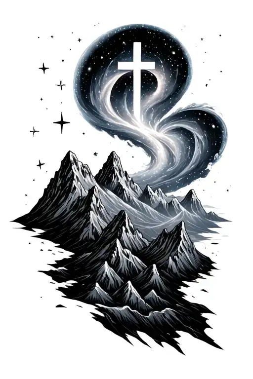 A nebula vortex swirls above the mountains, surrounded by a cross of stars. tattoo design idea