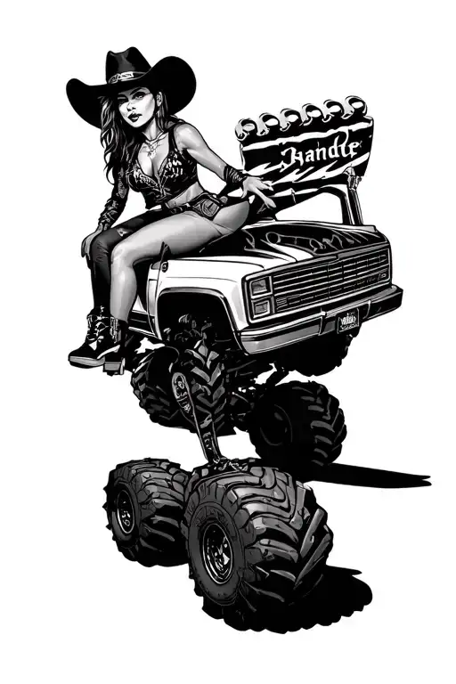 bandit cowgirl sitting on monster energy truck parked tattoo design idea