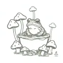 toad sitting surrounded by 4 toadstools with magic flurries  tattoo design idea